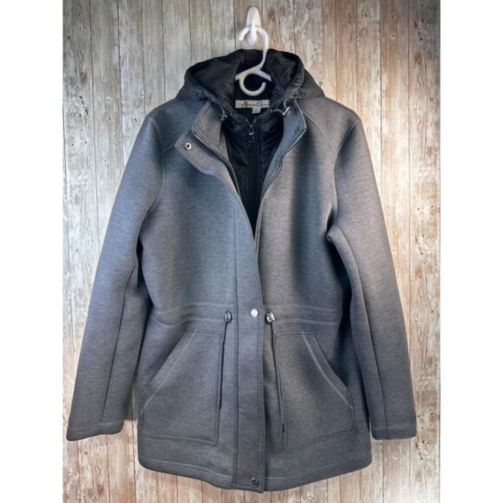 Kenneth Cole Jacket Womens L Gray Black Pockets Cinch Waist Button Zip Outerwear